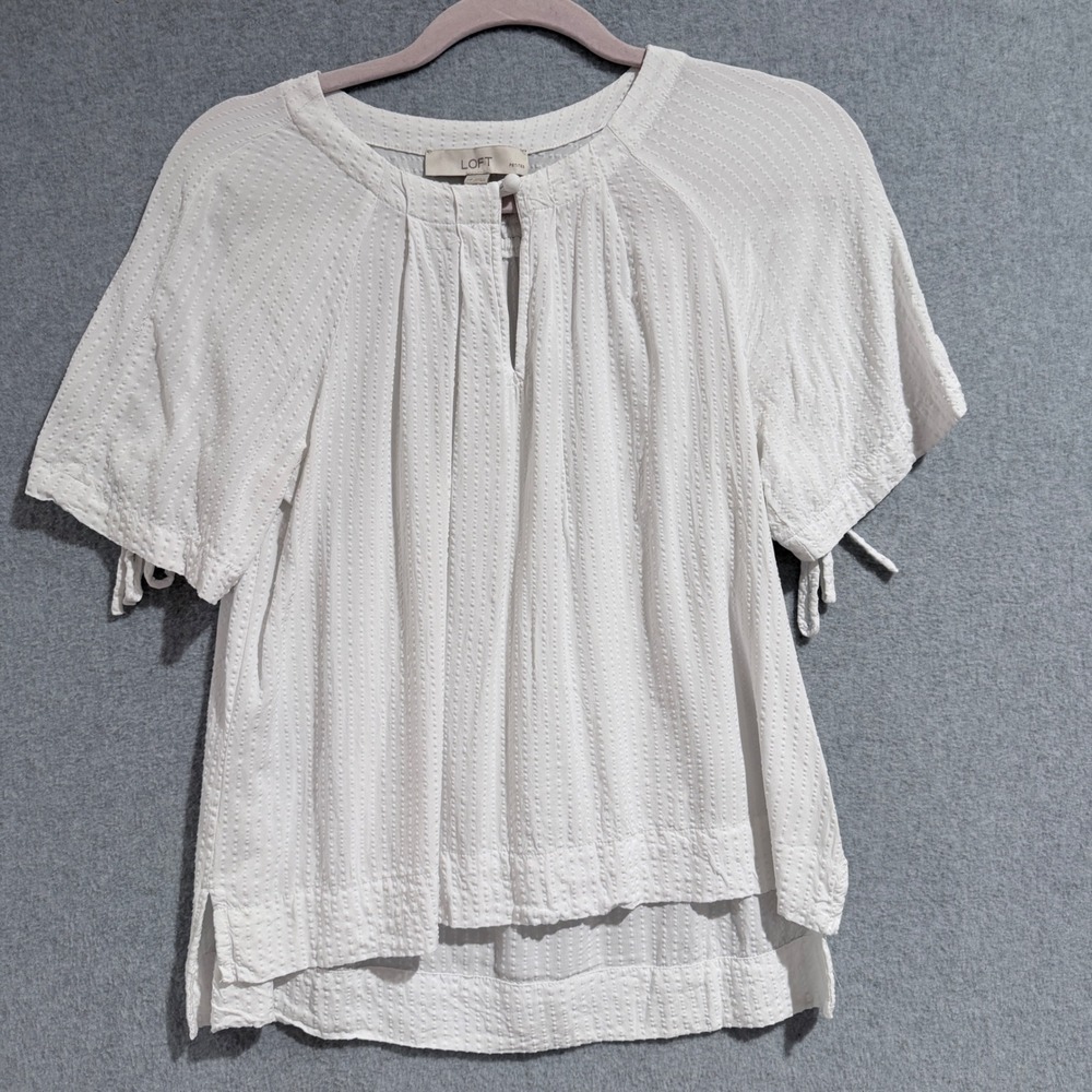 LOFT White Textured Dobby Split Neck Blouse Peasant Boho prairie Cottagecore Sz